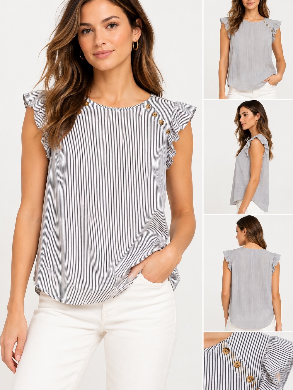 LOFT Black-and-White Striped Ruffle Sleeve Shell Top